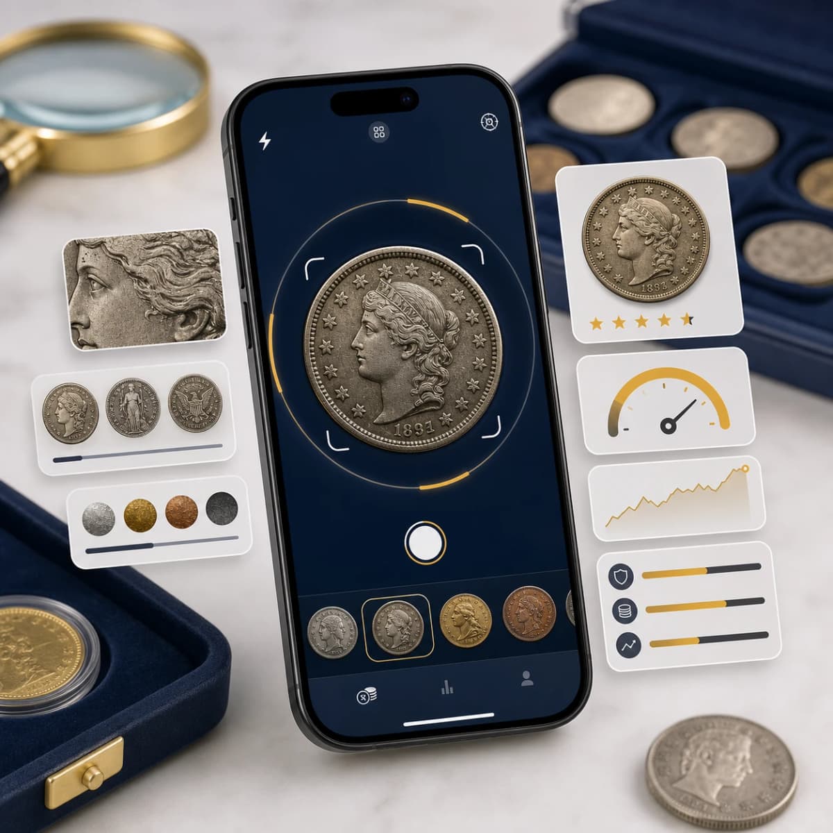 Coin Identifier app shown on a modern smartphone