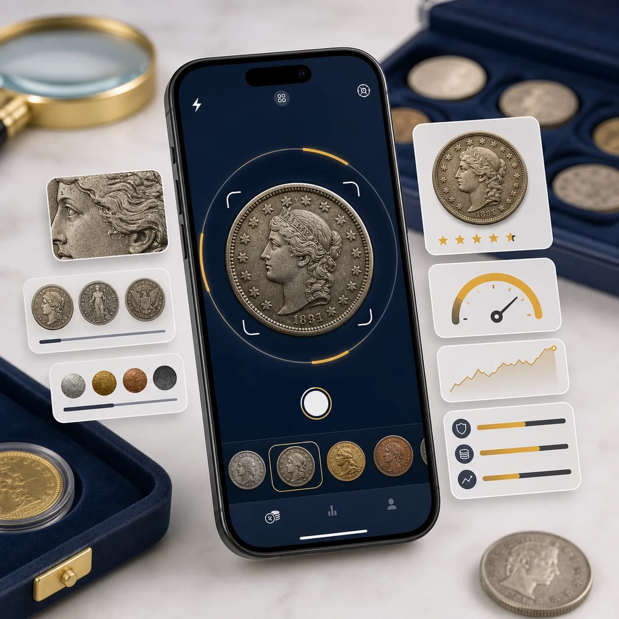 Coin Identifier app shown on a modern smartphone